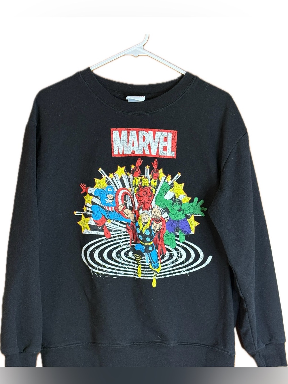 Marvel Black Teens Distressed Crewneck with Multicolor Avengers Print
